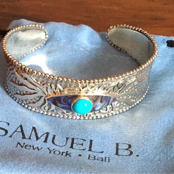 Handcrafted NEW Samuel B silver abalone and sleeping turquoise Evil Eye cuff - Picture 3 of 7